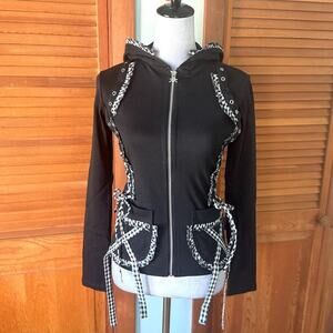 Tripp NYC Gothic Lolita Punk Black & White Plaid Accents Lace-Up Sides Hoodie